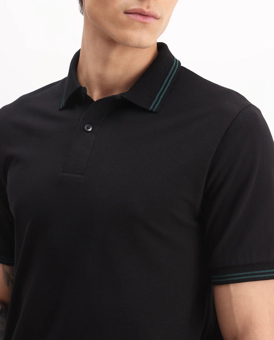 Rare Rabbit Men's Mace Black Cotton Blend Plain Regular Fit Half Sleeve Polo