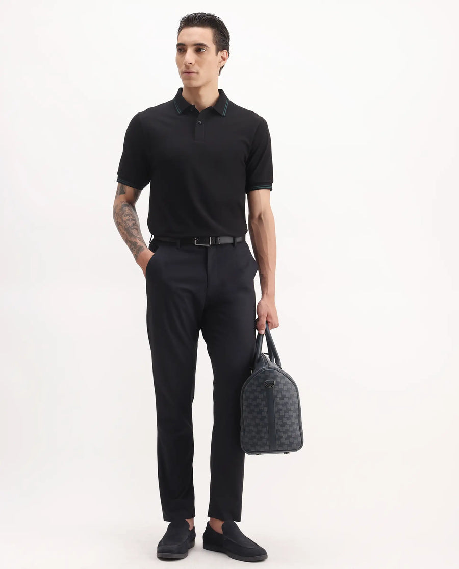 Rare Rabbit Men's Mace Black Cotton Blend Plain Regular Fit Half Sleeve Polo