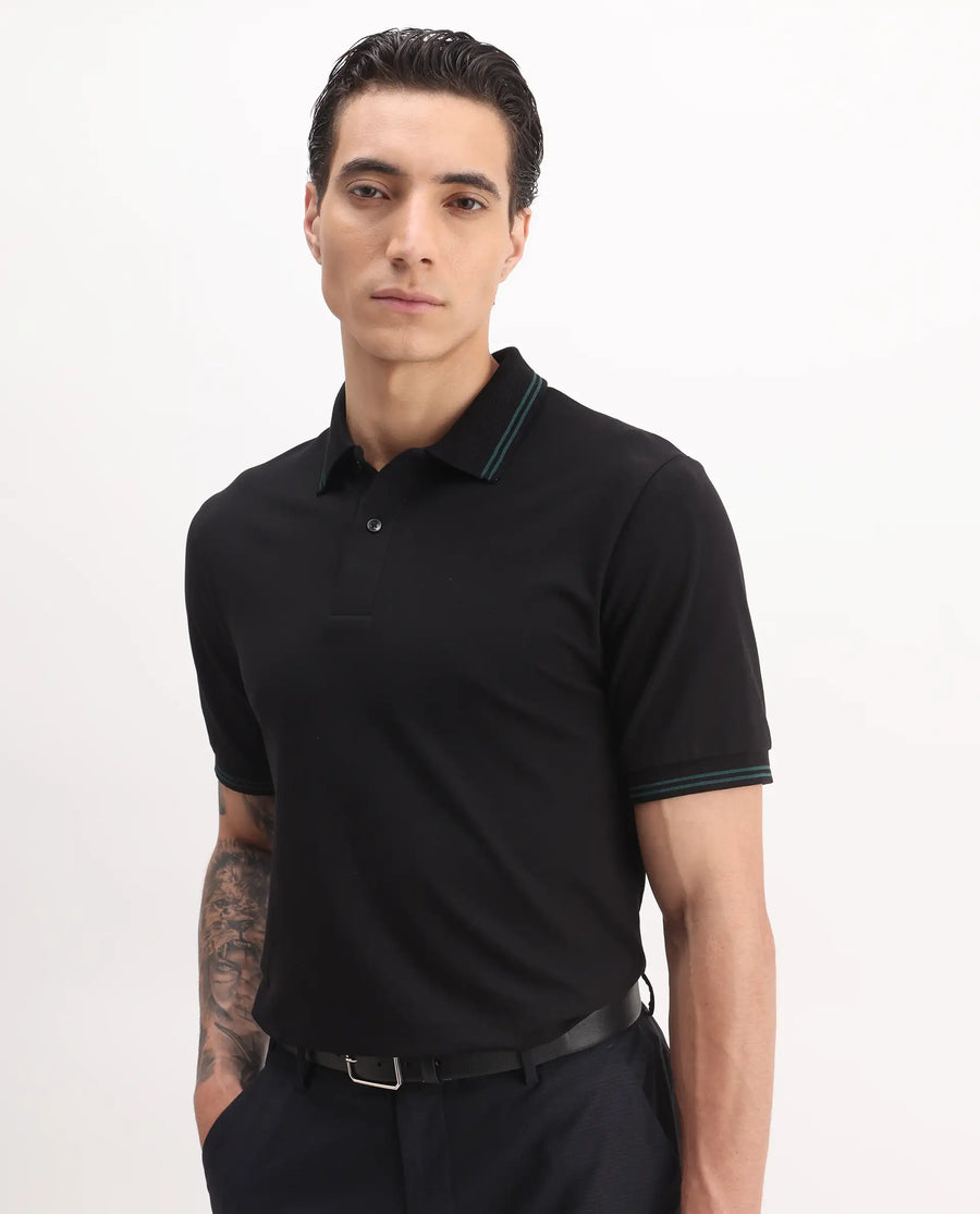 Rare Rabbit Men's Mace Black Cotton Blend Plain Regular Fit Half Sleeve Polo