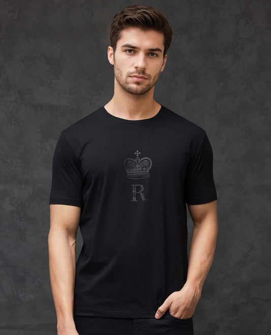 Rare Rabbit Men's Guild Casual Maisel Black Cotton Graphic Print Regular Fit Half Sleeve Crew Neck T-Shirt