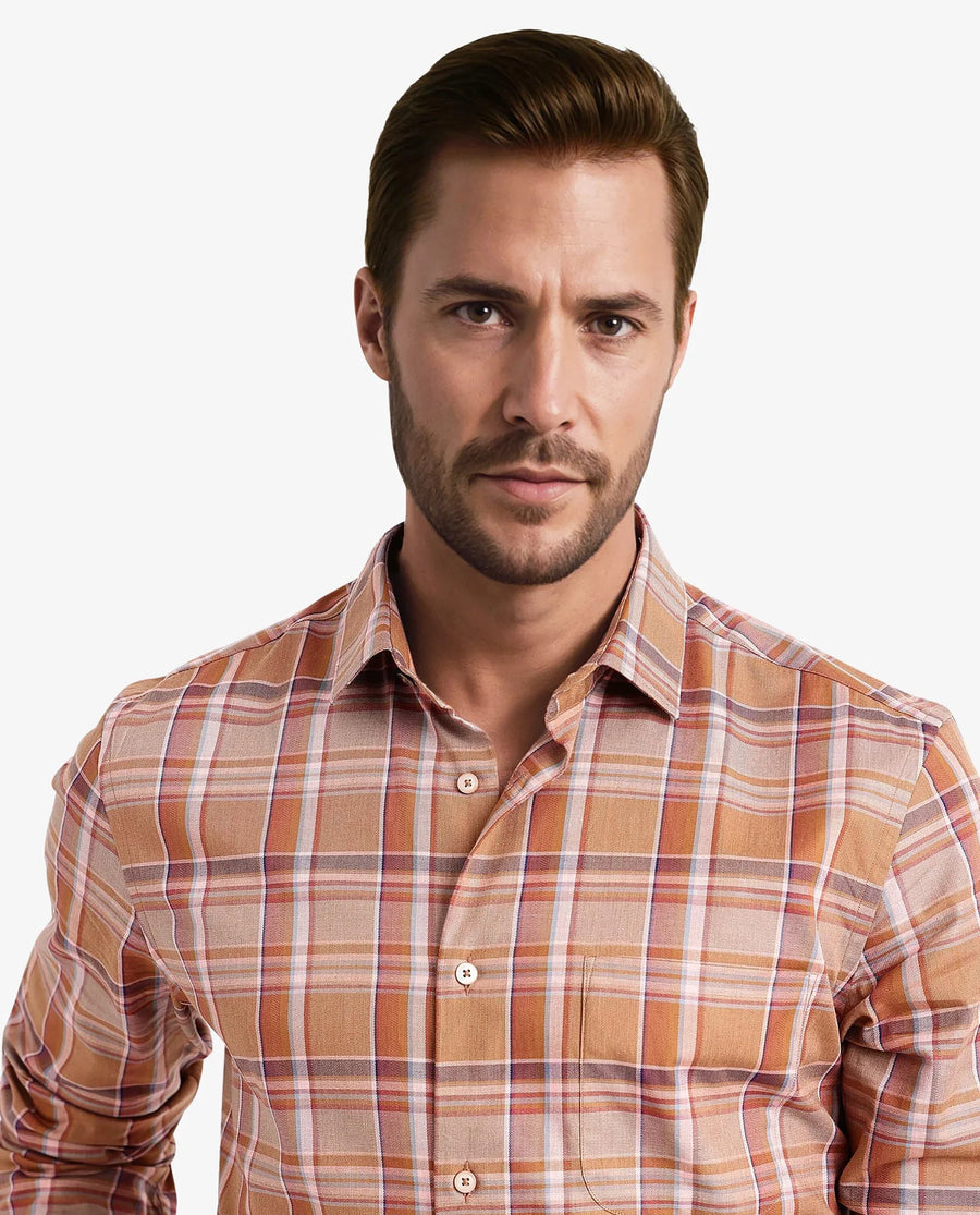 Rare Rabbit Men's Mamidi Orange Cotton Checked Print Regular Fit Full Sleeve Collared Shirt