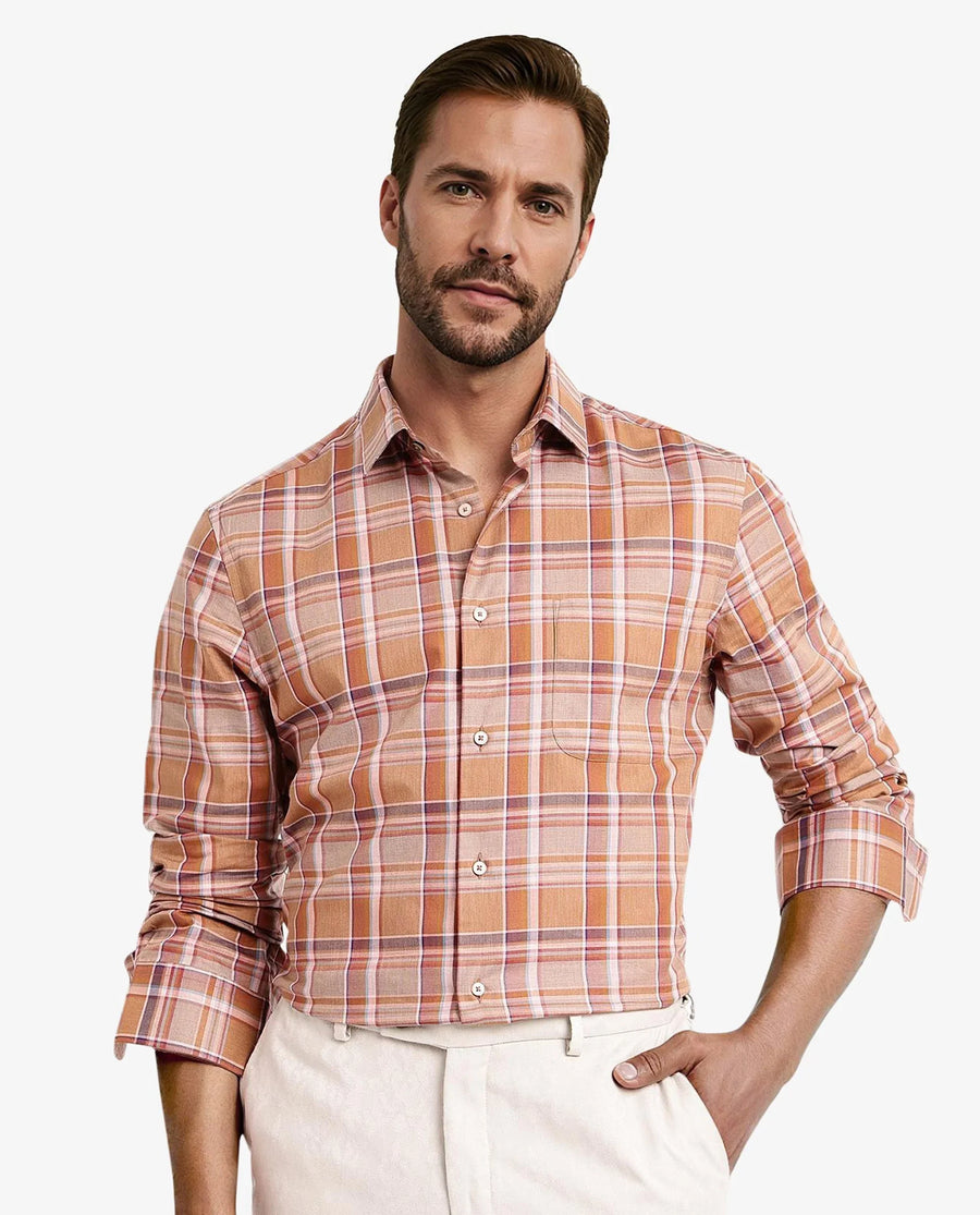 Rare Rabbit Men's Mamidi Orange Cotton Checked Print Regular Fit Full Sleeve Collared Shirt