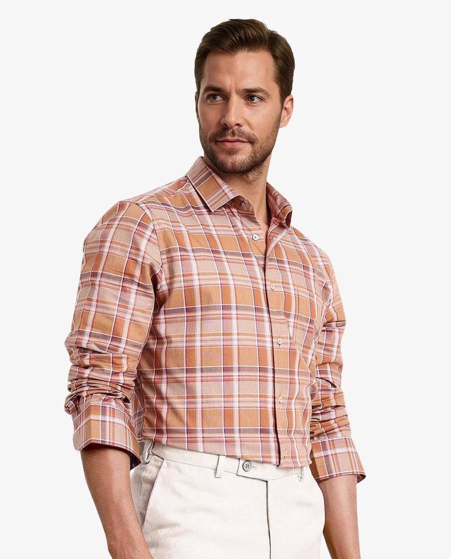 Rare Rabbit Men's Mamidi Orange Cotton Checked Print Regular Fit Full Sleeve Collared Shirt