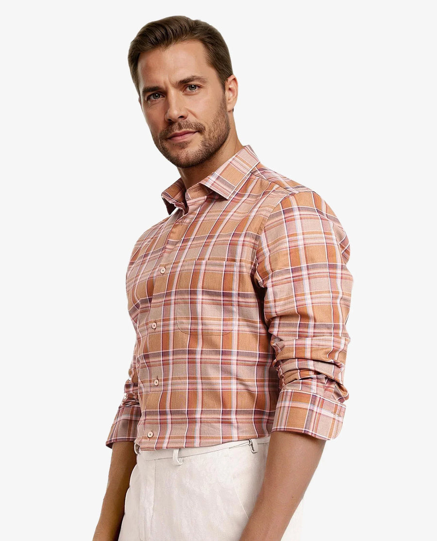 Rare Rabbit Men's Mamidi Orange Cotton Checked Print Regular Fit Full Sleeve Collared Shirt