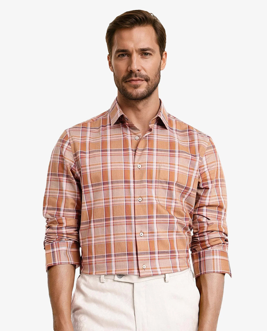 Rare Rabbit Men's Mamidi Orange Cotton Checked Print Regular Fit Full Sleeve Collared Shirt
