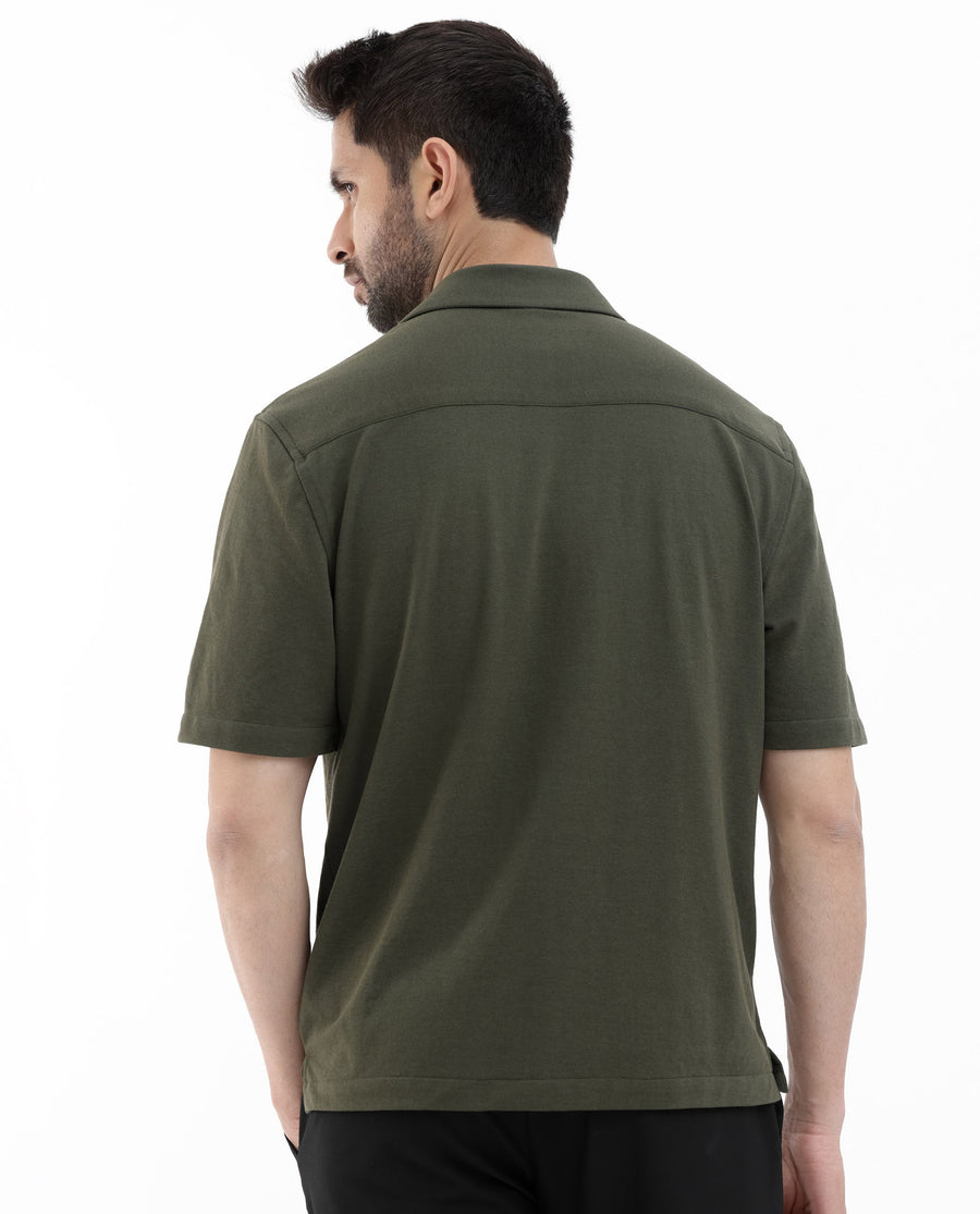 Rare Rabbit Men's Manga Olive Cotton Plain Regular Fit Half Sleeve Cuban Collar Shirt