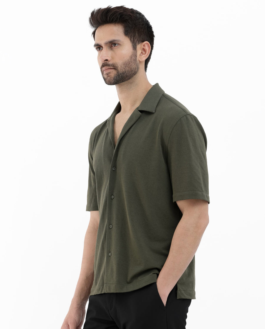 Rare Rabbit Men's Manga Olive Cotton Plain Regular Fit Half Sleeve Cuban Collar Shirt