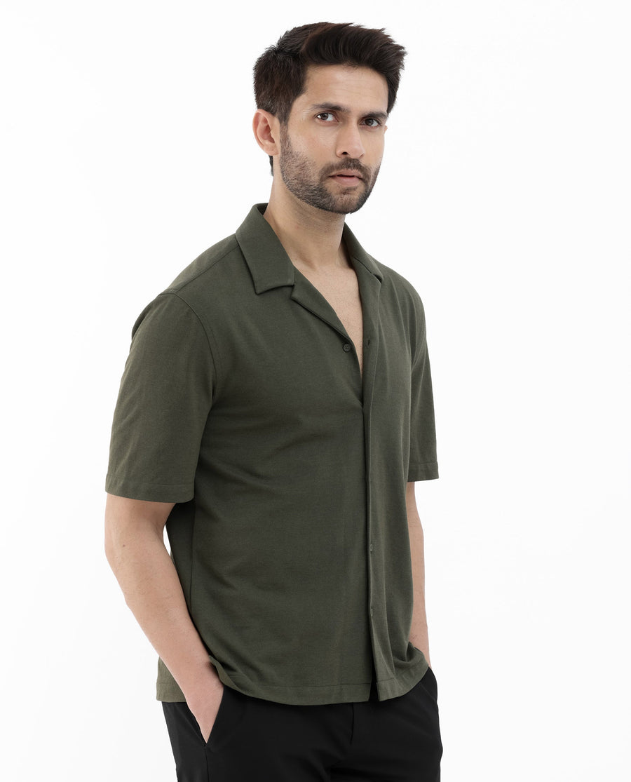 Rare Rabbit Men's Manga Olive Cotton Plain Regular Fit Half Sleeve Cuban Collar Shirt