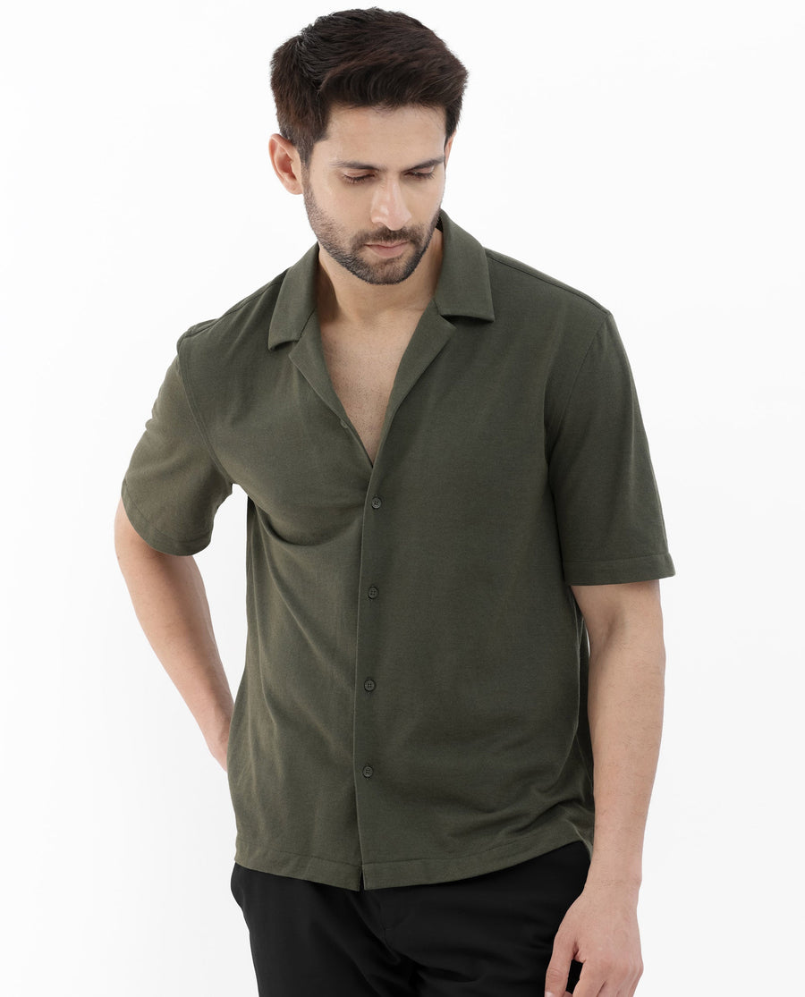 Rare Rabbit Men's Manga Olive Cotton Plain Regular Fit Half Sleeve Cuban Collar Shirt