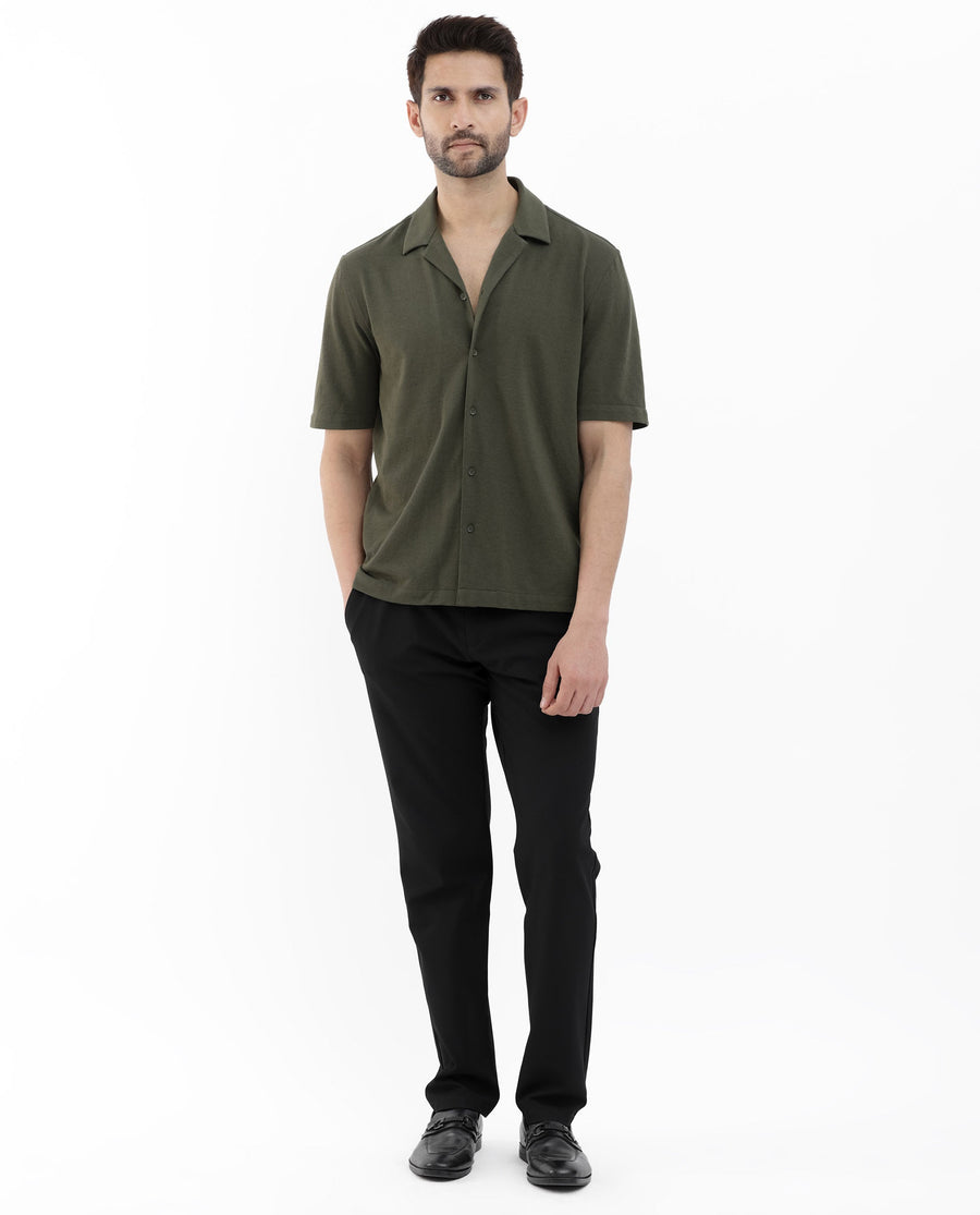 Rare Rabbit Men's Manga Olive Cotton Plain Regular Fit Half Sleeve Cuban Collar Shirt