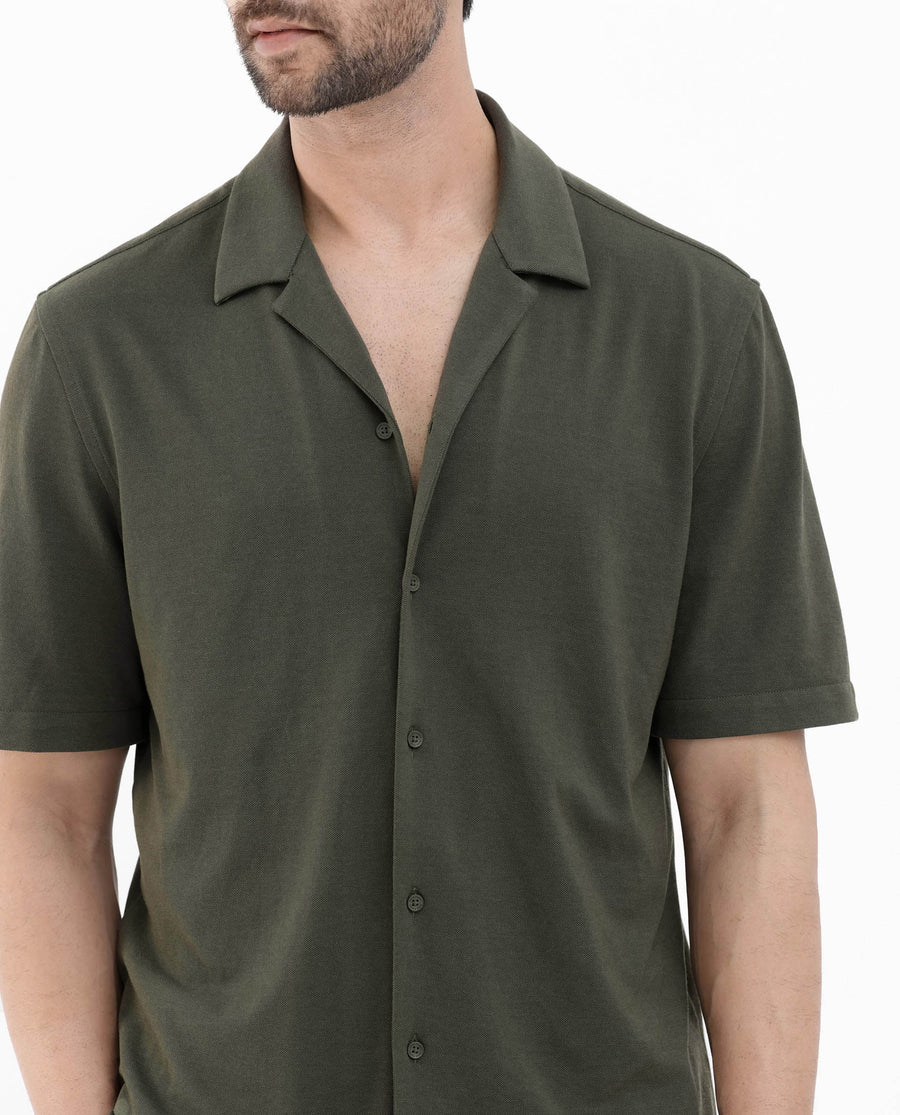 Rare Rabbit Men's Manga Olive Cotton Plain Regular Fit Half Sleeve Cuban Collar Shirt