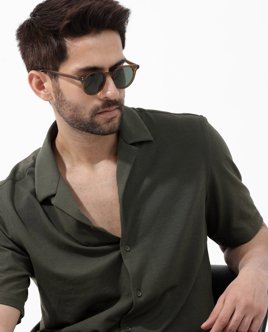 Rare Rabbit Men's Manga Olive Cotton Plain Regular Fit Half Sleeve Cuban Collar Shirt