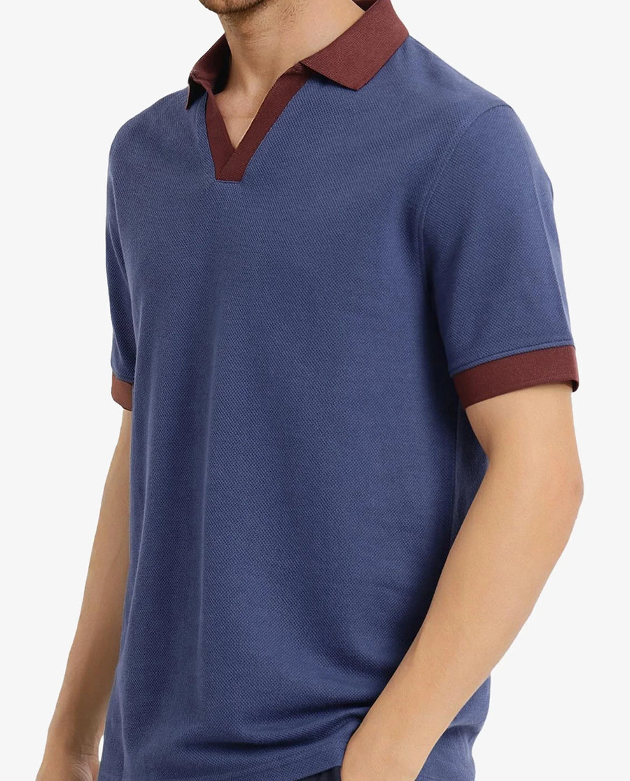 Rare Rabbit Men's Marcelo-1 Blue Cotton Blend Plain Regular Fit Half Sleeve Polo
