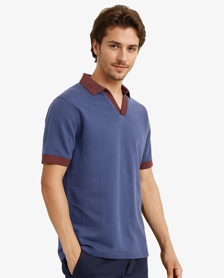 Rare Rabbit Men's Marcelo-1 Blue Cotton Blend Plain Regular Fit Half Sleeve Polo