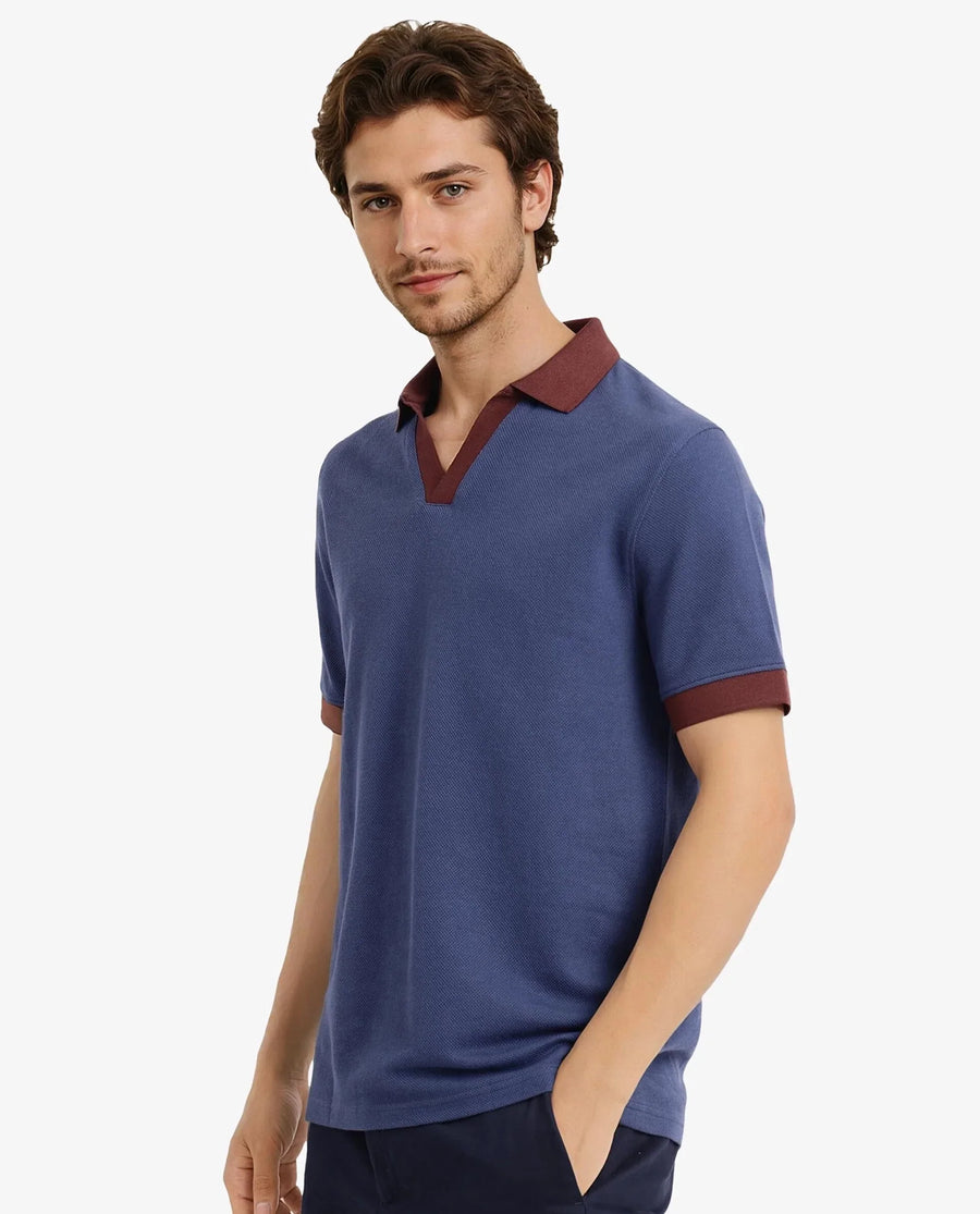 Rare Rabbit Men's Marcelo-1 Blue Cotton Blend Plain Regular Fit Half Sleeve Polo