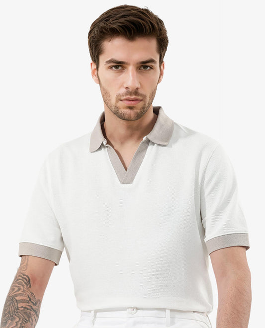 Rare Rabbit Men's Marcelo Off White Cotton Blend Plain Regular Fit Half Sleeve Polo