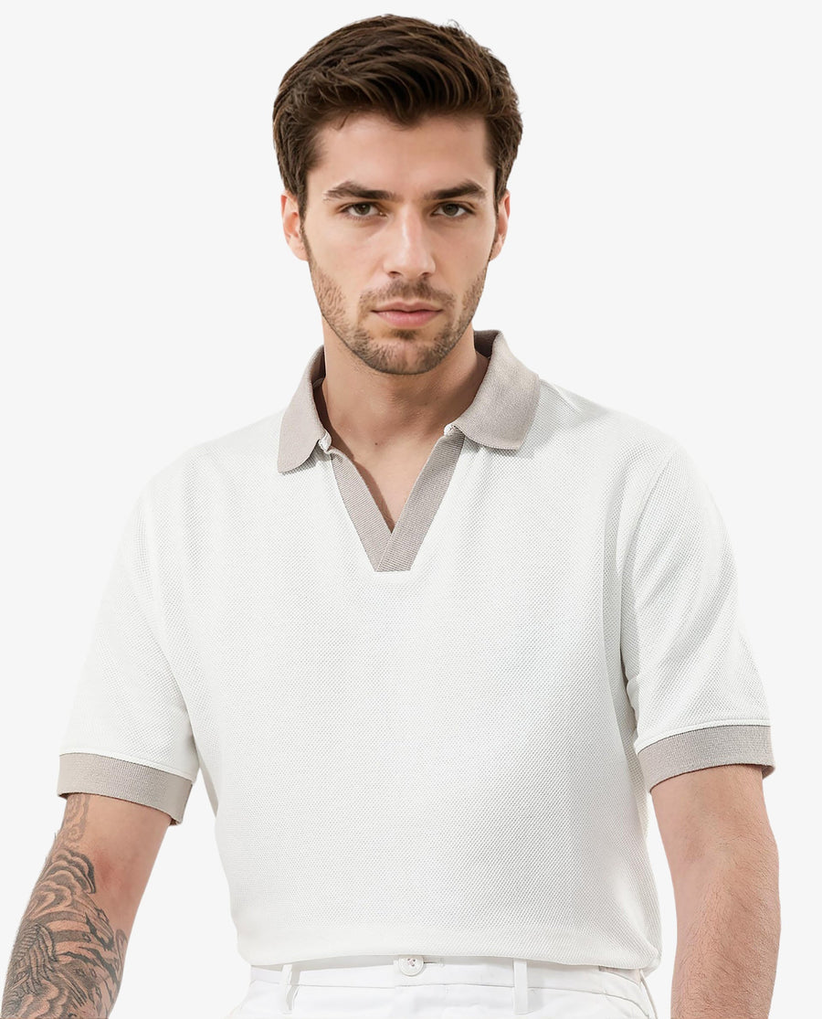 Rare Rabbit Men's Marcelo Off White Cotton Blend Plain Regular Fit Half Sleeve Polo