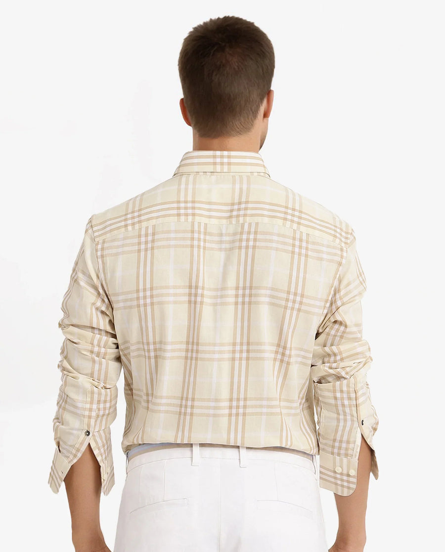 Rare Rabbit Men's Maret Beige Cotton Checked Print Regular Fit Full Sleeve Collared Shirt