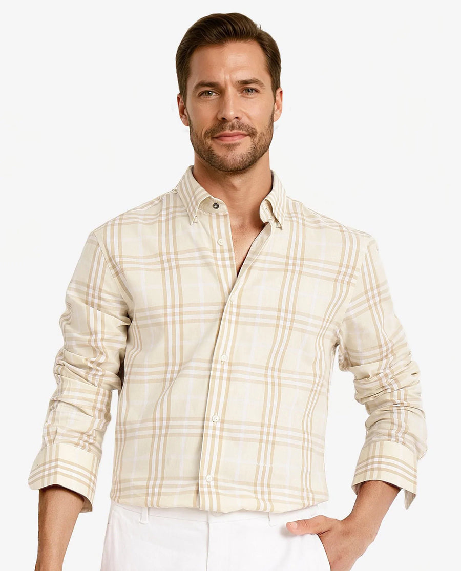 Rare Rabbit Men's Maret Beige Cotton Checked Print Regular Fit Full Sleeve Collared Shirt