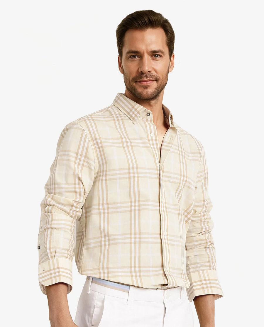 Rare Rabbit Men's Maret Beige Cotton Checked Print Regular Fit Full Sleeve Collared Shirt