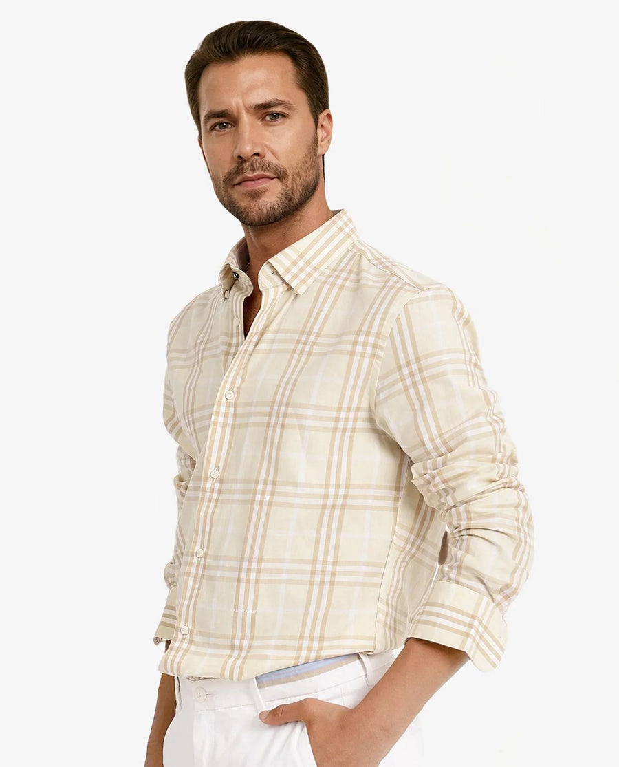 Rare Rabbit Men's Maret Beige Cotton Checked Print Regular Fit Full Sleeve Collared Shirt