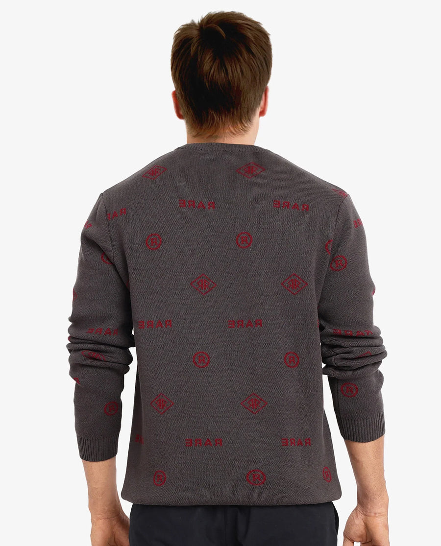Rare Rabbit Men's Mario Dark Grey Cotton Monogram Print Regular Fit Full Sleeve Crew Neck Sweater