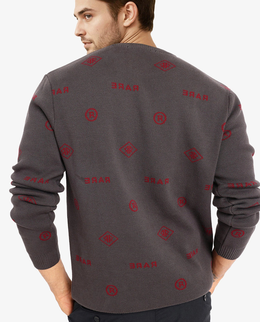 Rare Rabbit Men's Mario Dark Grey Cotton Monogram Print Regular Fit Full Sleeve Crew Neck Sweater
