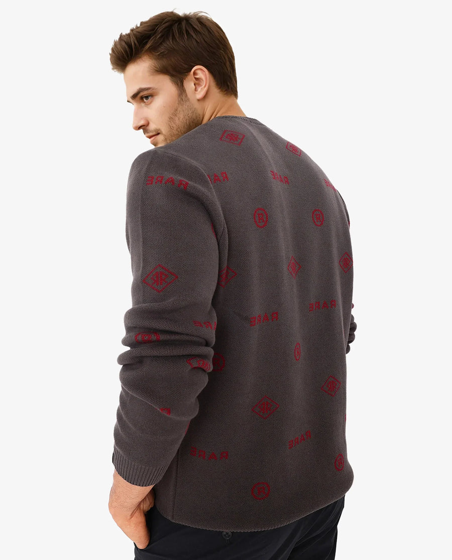 Rare Rabbit Men's Mario Dark Grey Cotton Monogram Print Regular Fit Full Sleeve Crew Neck Sweater