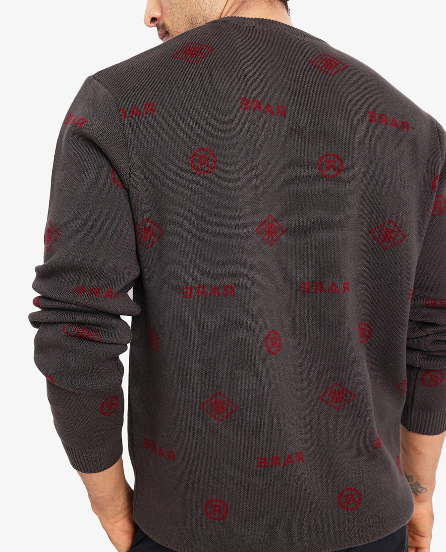 Rare Rabbit Men's Mario Dark Grey Cotton Monogram Print Regular Fit Full Sleeve Crew Neck Sweater