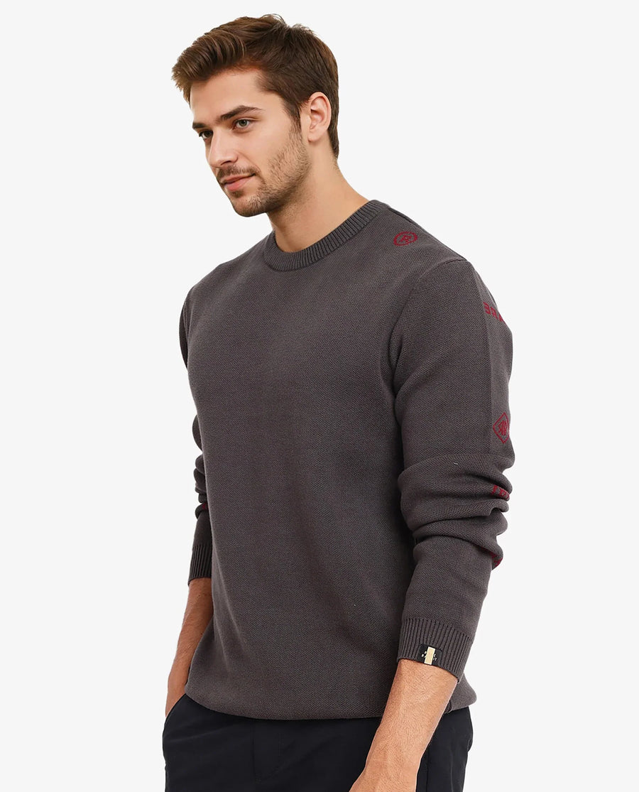 Rare Rabbit Men's Mario Dark Grey Cotton Monogram Print Regular Fit Full Sleeve Crew Neck Sweater