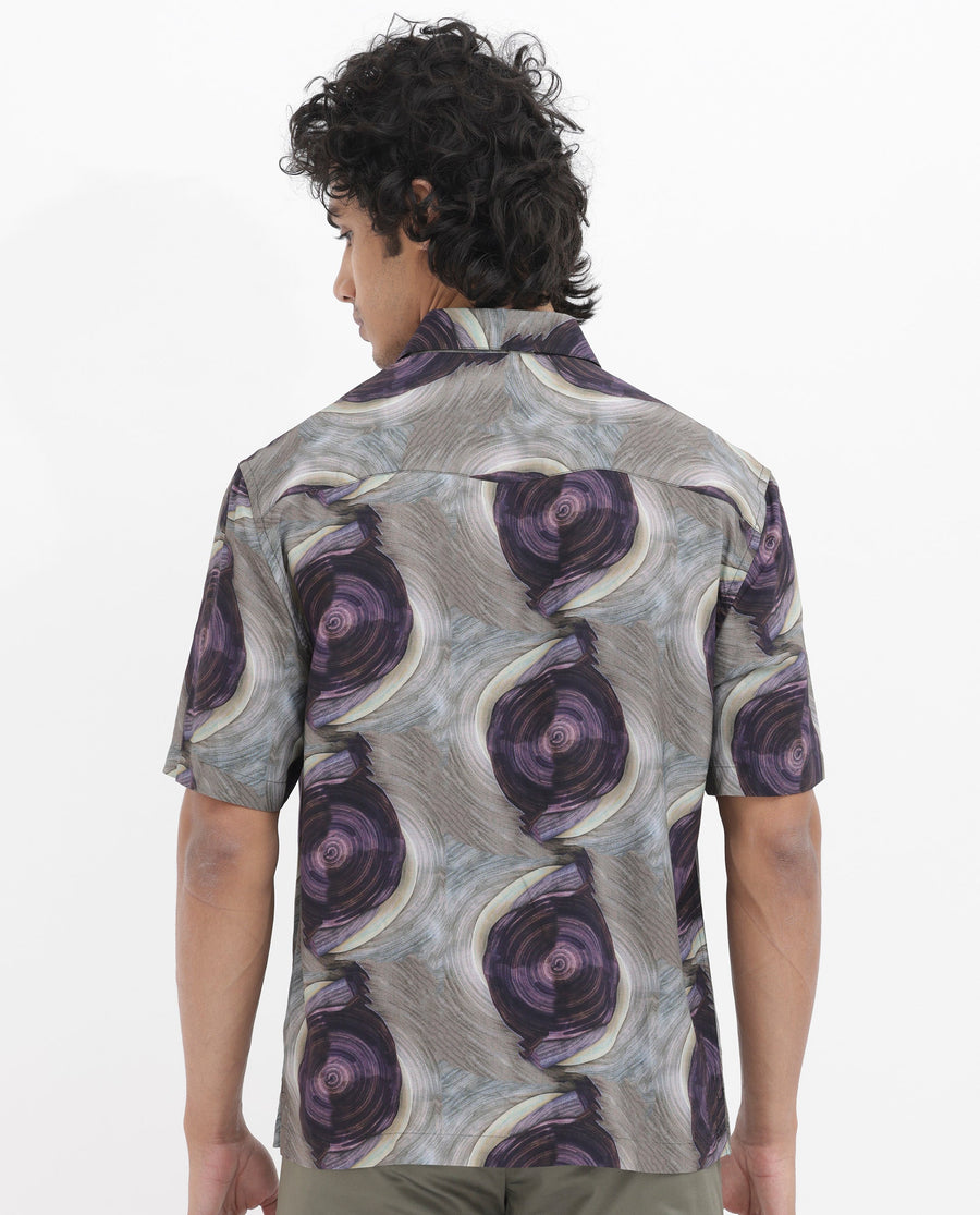 Rare Rabbit Men's Marock Dusky Olive Viscose Abstract Print Boxy Fit Half Sleeve Collared Shirt