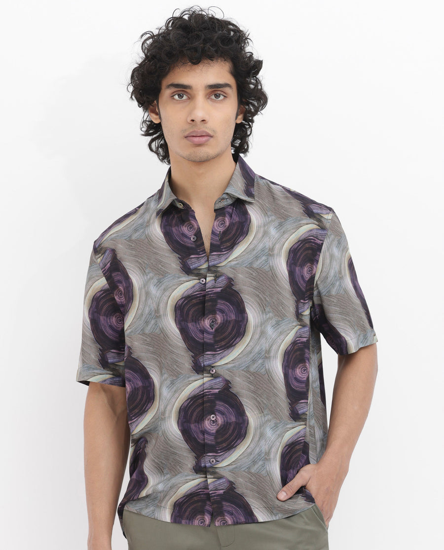 Rare Rabbit Men's Marock Dusky Olive Viscose Abstract Print Boxy Fit Half Sleeve Collared Shirt