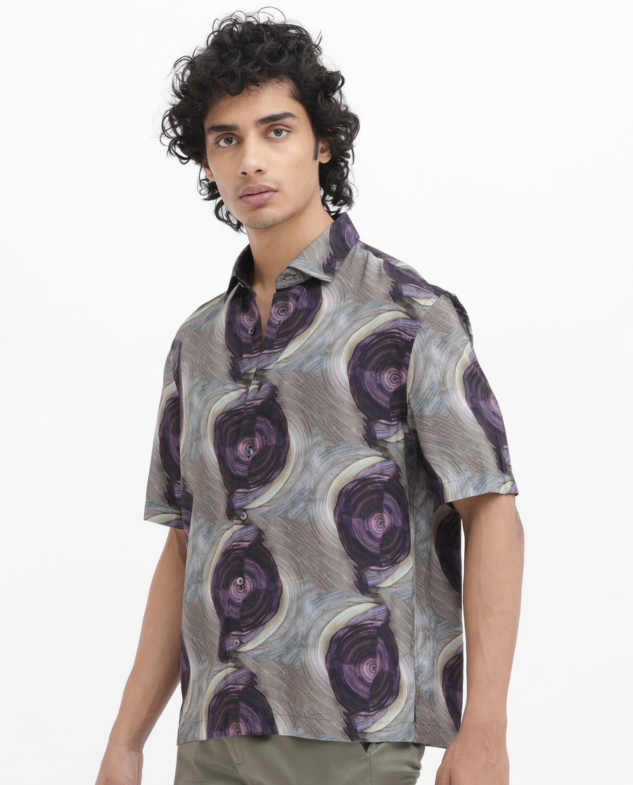 Rare Rabbit Men's Marock Dusky Olive Viscose Abstract Print Boxy Fit Half Sleeve Collared Shirt