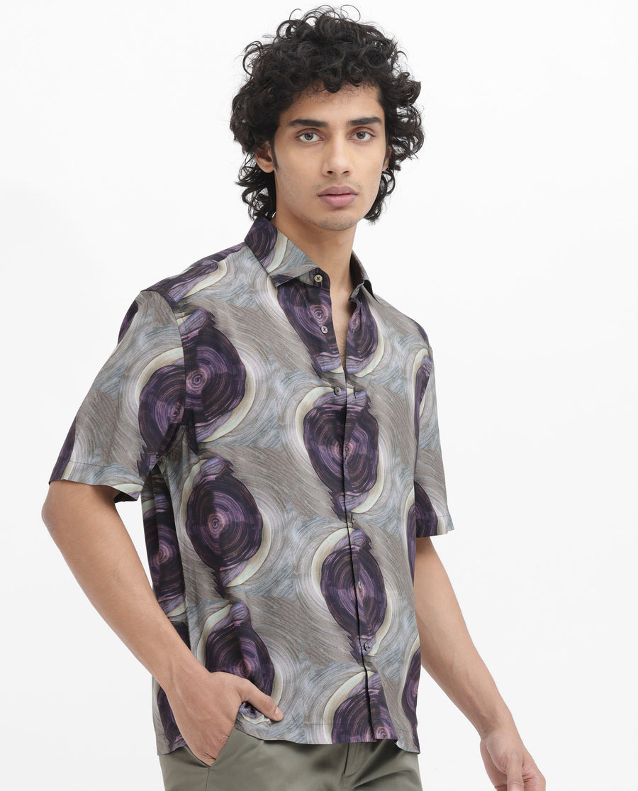 Rare Rabbit Men's Marock Dusky Olive Viscose Abstract Print Boxy Fit Half Sleeve Collared Shirt