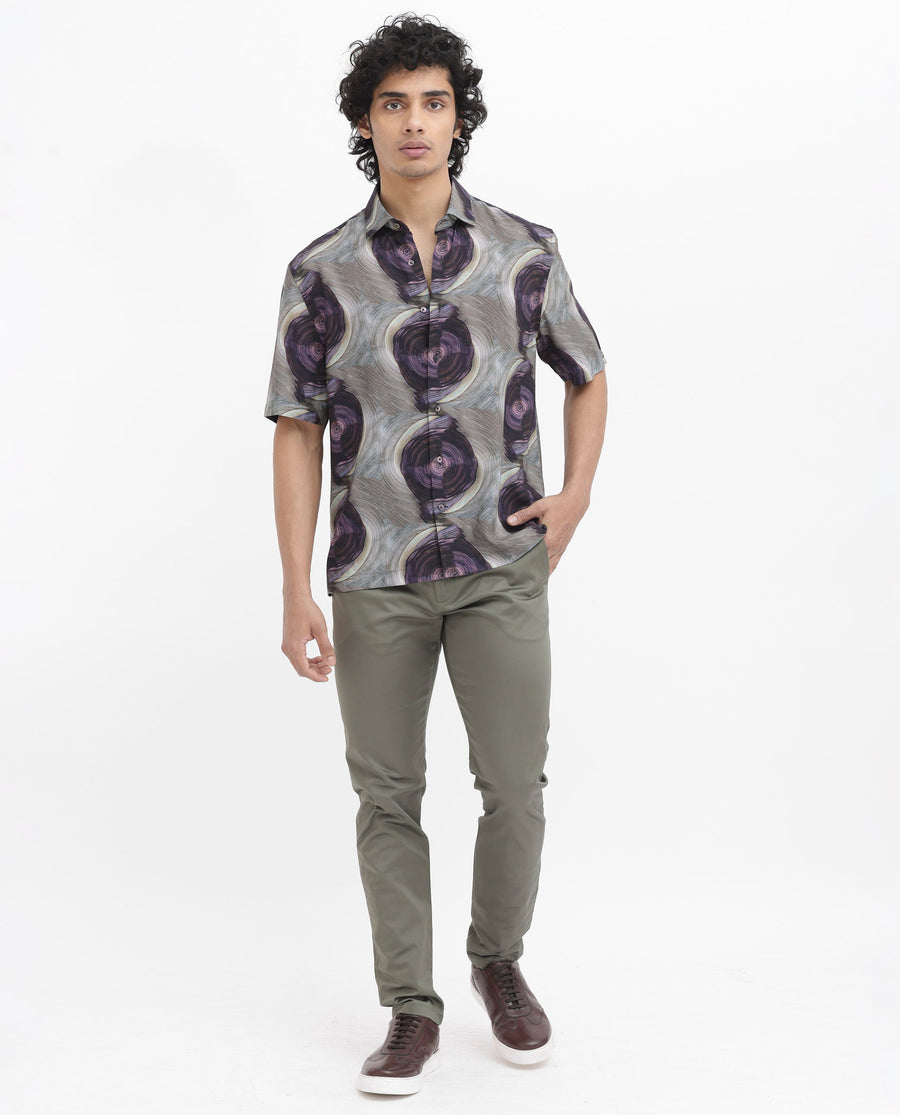 Rare Rabbit Men's Marock Dusky Olive Viscose Abstract Print Boxy Fit Half Sleeve Collared Shirt