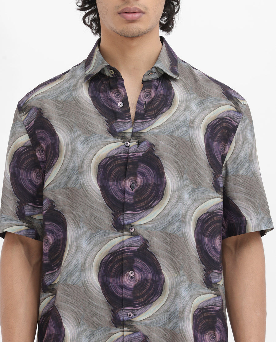 Rare Rabbit Men's Marock Dusky Olive Viscose Abstract Print Boxy Fit Half Sleeve Collared Shirt