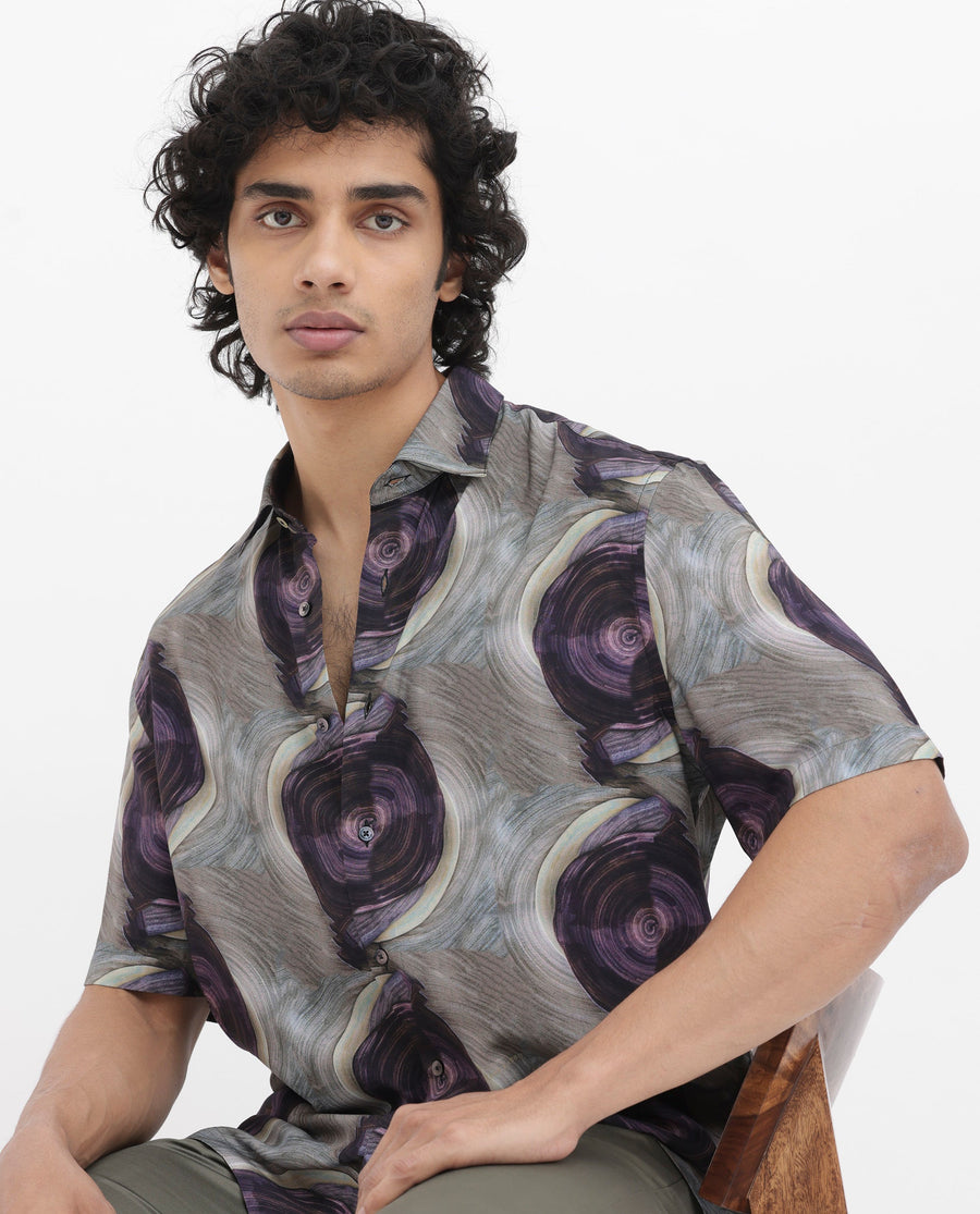 Rare Rabbit Men's Marock Dusky Olive Viscose Abstract Print Boxy Fit Half Sleeve Collared Shirt