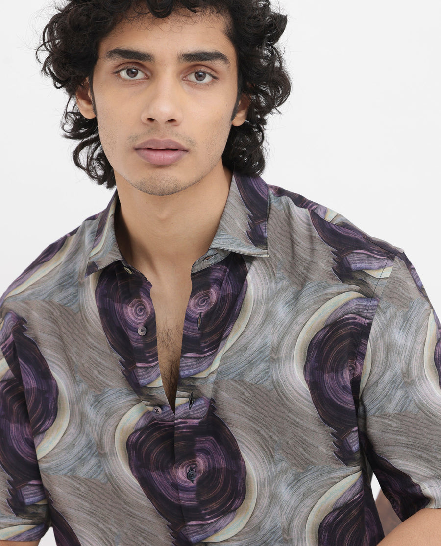 Rare Rabbit Men's Marock Dusky Olive Viscose Abstract Print Boxy Fit Half Sleeve Collared Shirt