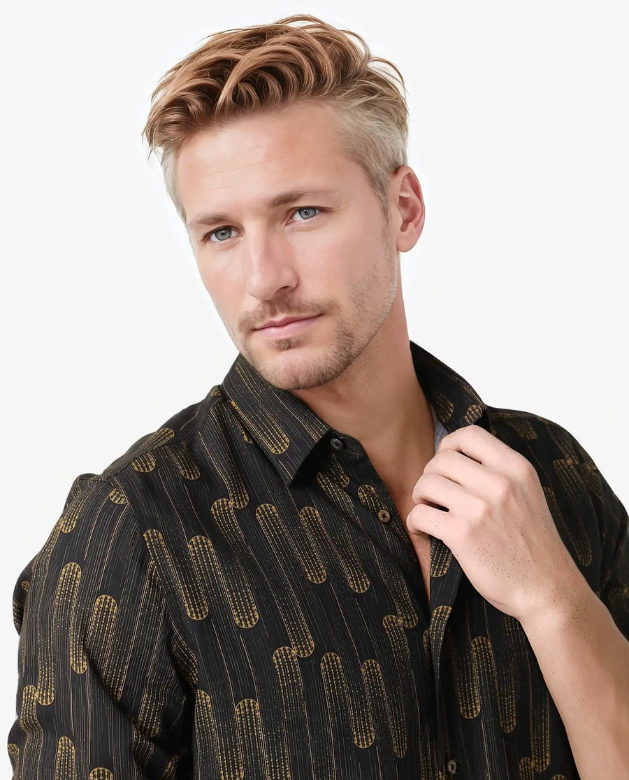 Rare Rabbit Men's Marshey Black Cotton Abstract Print Regular Fit Full Sleeve Collared Shirt
