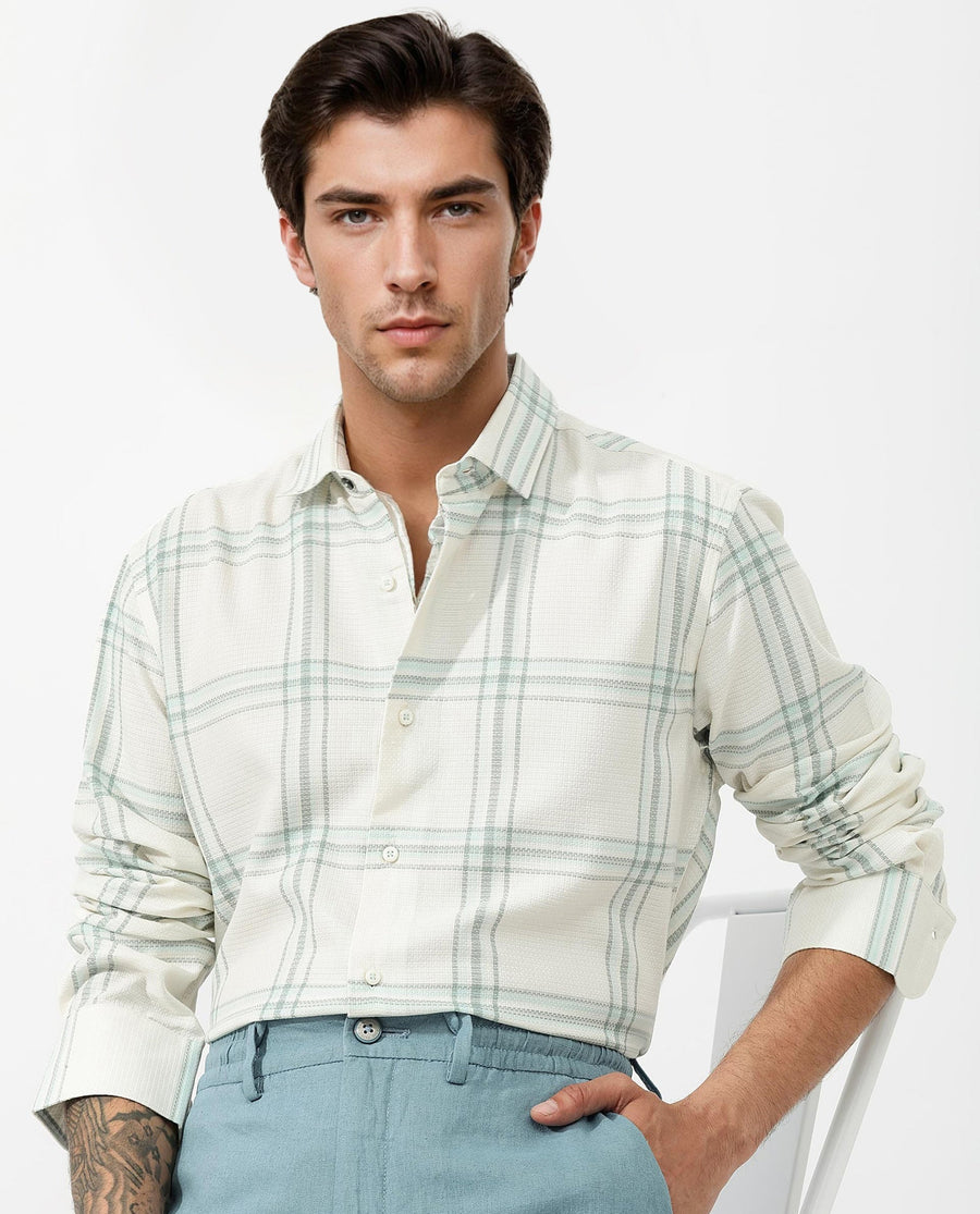 Rare Rabbit Men's Marvon Pastel Off White Cotton Checked Print Regular Fit Full Sleeve Collared Shirt