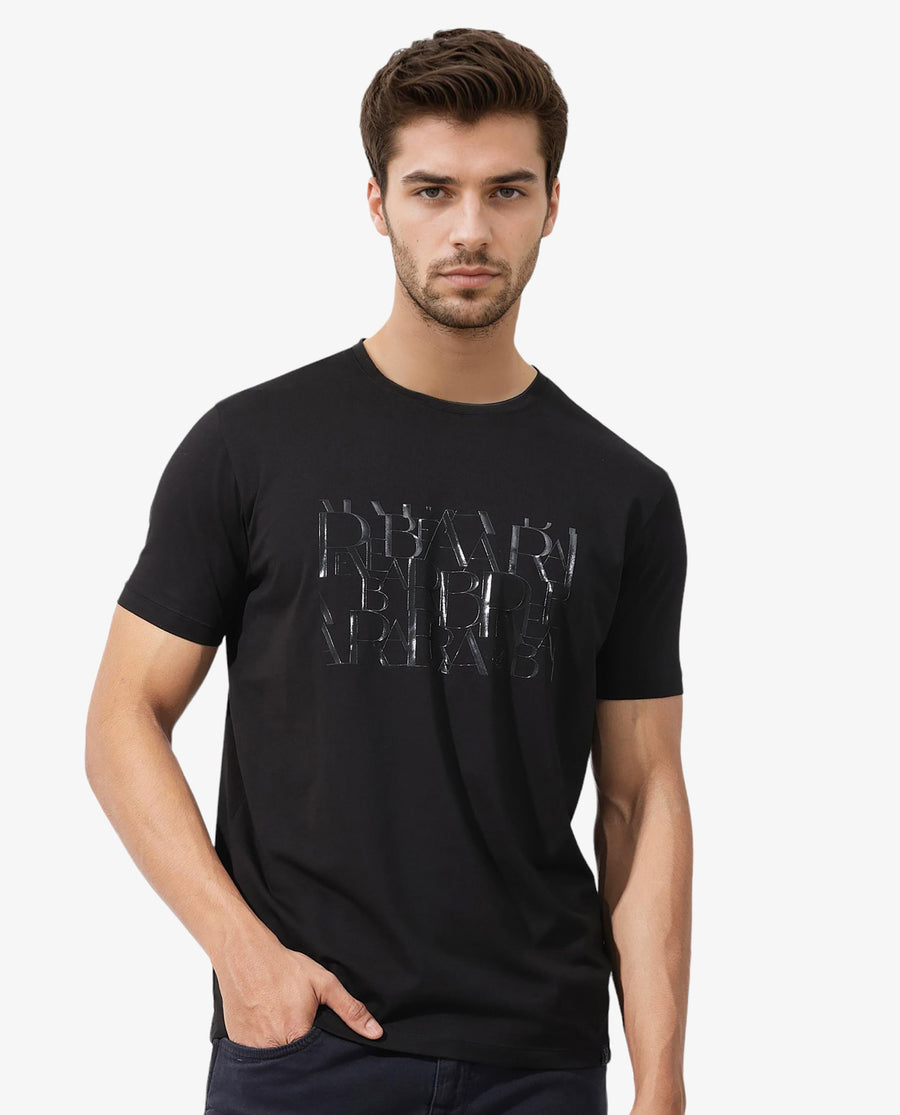 Rare Rabbit Men's Masco Black Cotton Blend Graphic Print Regular Fit Half Sleeve Crew Neck T-Shirt