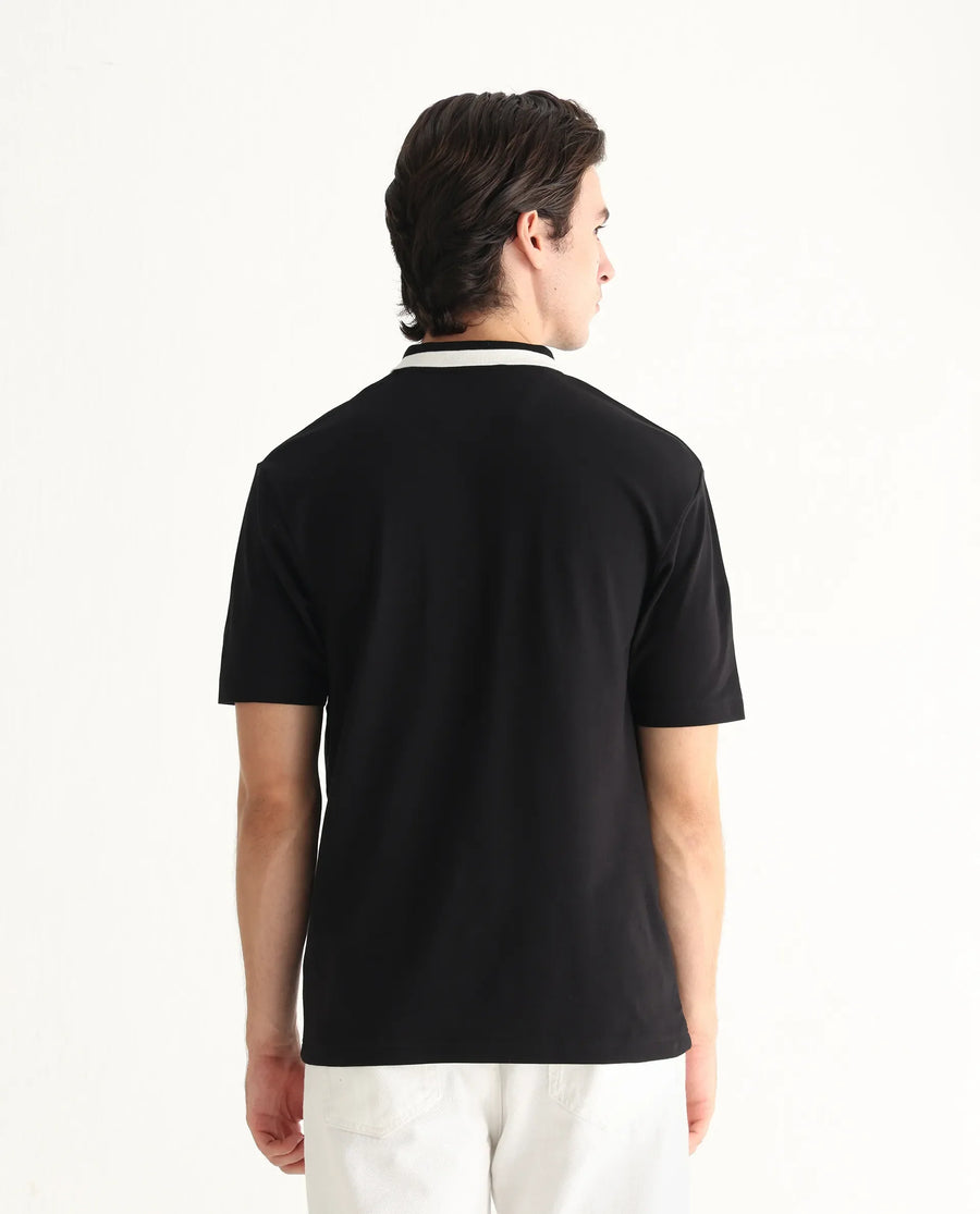 Rare Rabbit Men's Mateo Black Cotton Blend Embroidered Relaxed Fit Half Sleeve Polo