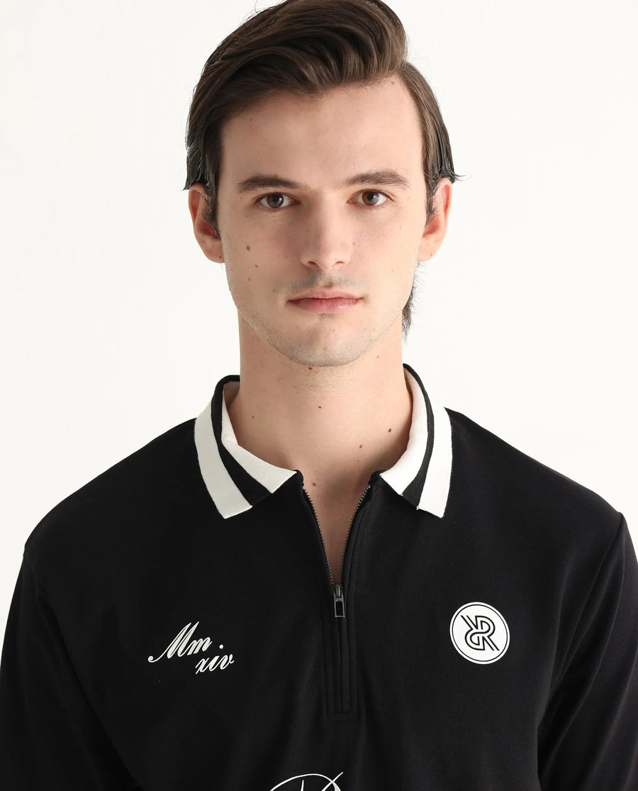 Rare Rabbit Men's Mateo Black Cotton Blend Embroidered Relaxed Fit Half Sleeve Polo