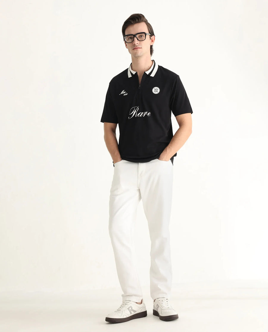 Rare Rabbit Men's Mateo Black Cotton Blend Embroidered Relaxed Fit Half Sleeve Polo