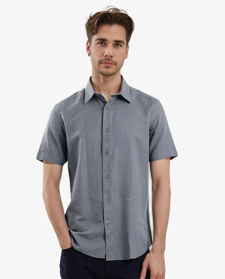 Rare Rabbit Men's Matto-1 Dusky Petrol Cotton Striped Print Boxy Fit Half Sleeve Collared Shirt