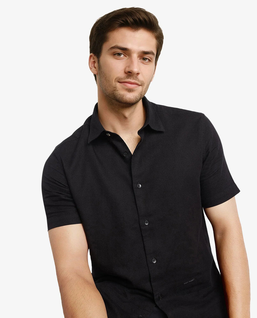 Rare Rabbit Men's Matto-1 Black Cotton Striped Print Boxy Fit Half Sleeve Collared Shirt