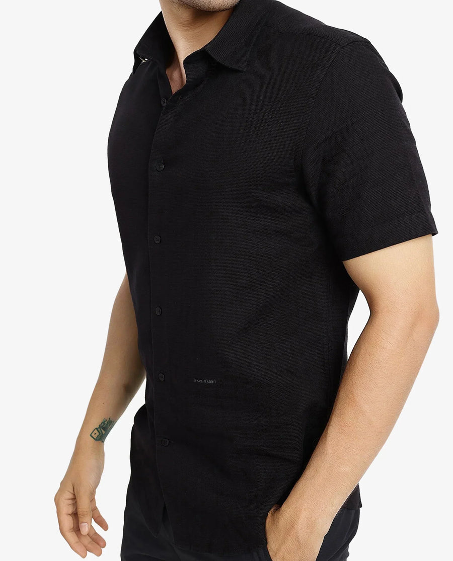 Rare Rabbit Men's Matto-1 Black Cotton Striped Print Boxy Fit Half Sleeve Collared Shirt