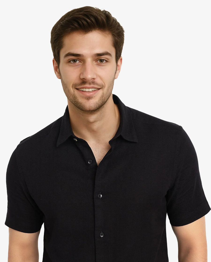 Rare Rabbit Men's Matto-1 Black Cotton Striped Print Boxy Fit Half Sleeve Collared Shirt
