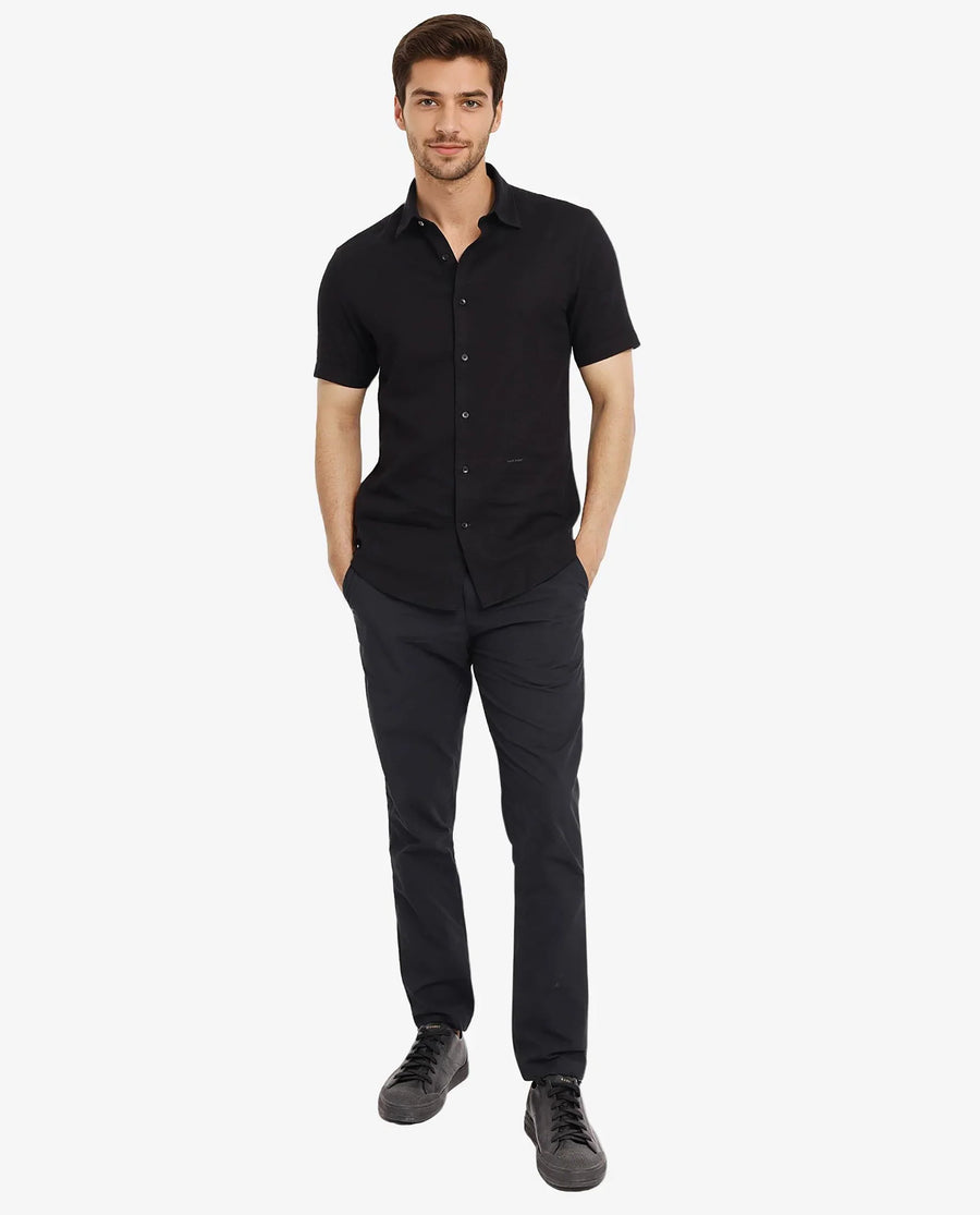 Rare Rabbit Men's Matto-1 Black Cotton Striped Print Boxy Fit Half Sleeve Collared Shirt