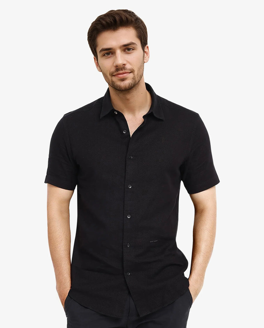 Rare Rabbit Men's Matto-1 Black Cotton Striped Print Boxy Fit Half Sleeve Collared Shirt